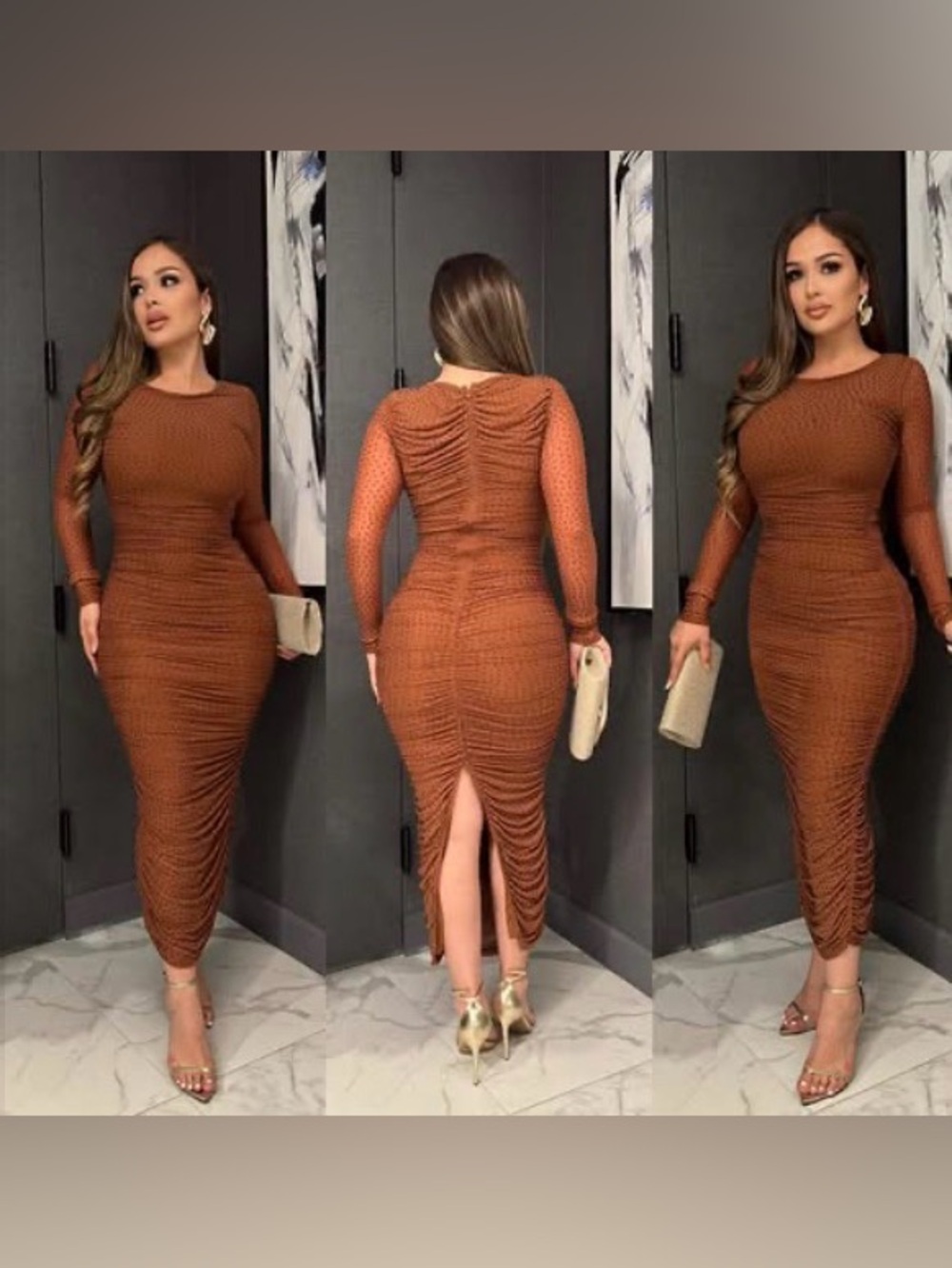 Rust Bodycon Ruched Long Sleeve Midi Dress
